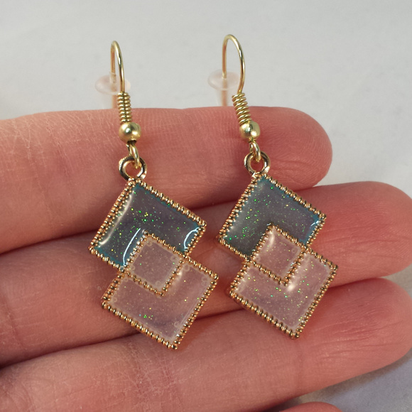 New Gold Geometric Diamond Shape Teal Blue Turquoise White Drop Dangle Earrings - Picture 2 of 2